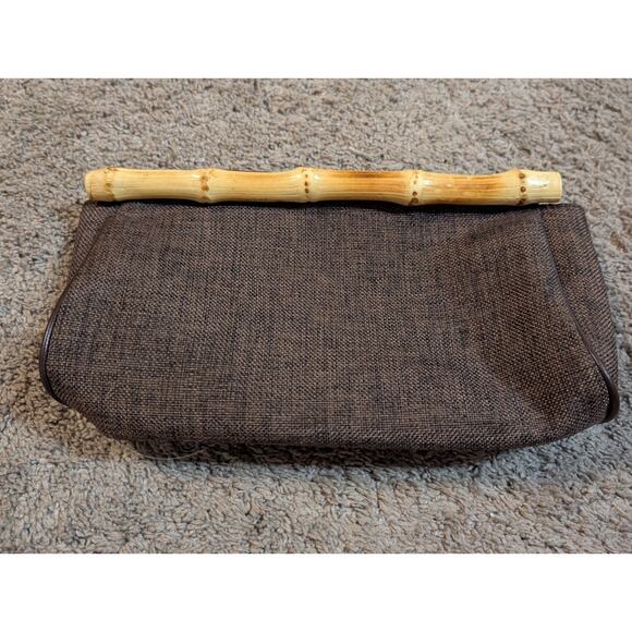 Vintg Boho Beaded Brown Fabric Clutch Bamboo Cane Handles Floral Earthy Hippie - Picture 6 of 6